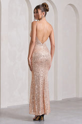 Champagne Sequin Open-Back Maxi Dress With Split